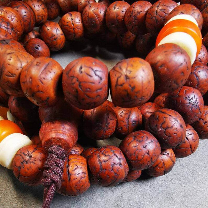 Old 108 Bodhi Beads Mala,13mm Prayer Beads for Meditation - Tibetan Buddhist mala beads, detailed view