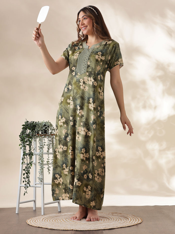 Olive Green Alpine Embroidered Nighty for Women