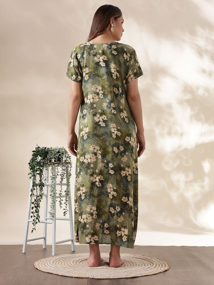 Olive Green Alpine Embroidered Nighty for Women