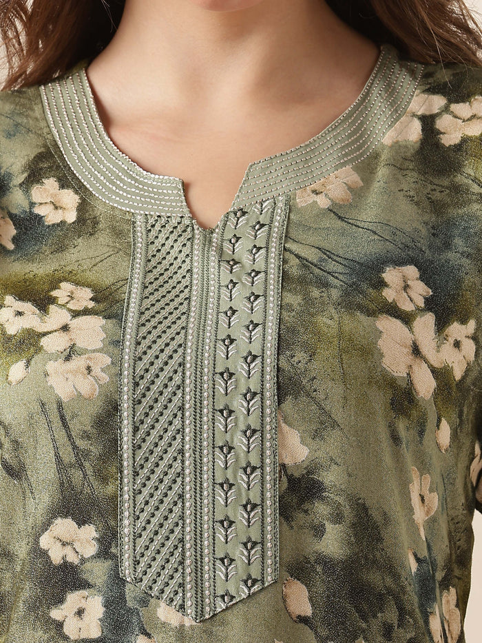Olive Green Alpine Embroidered Nighty for Women