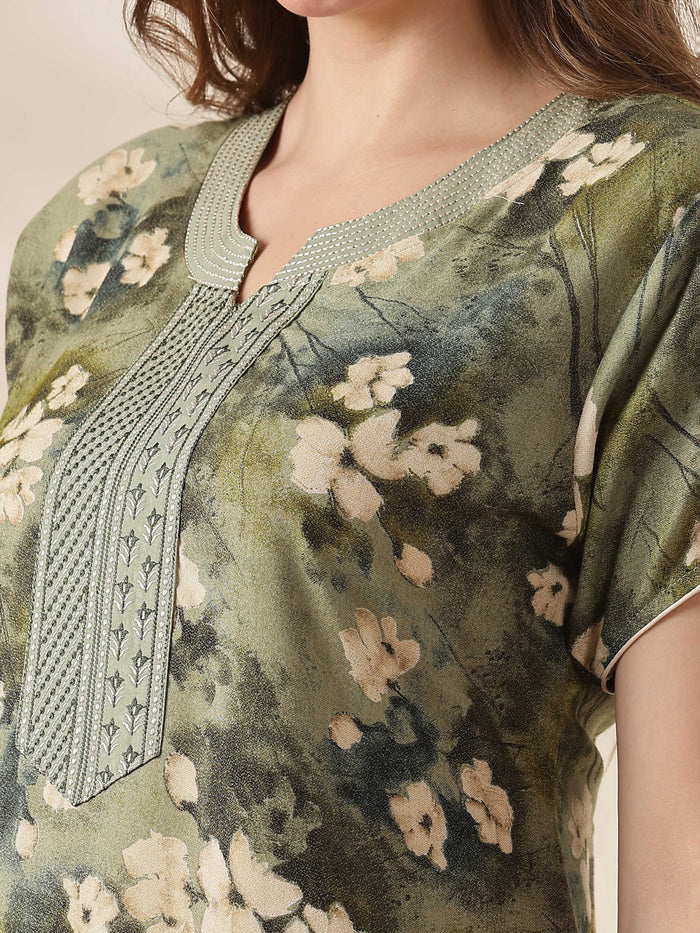 Olive Green Alpine Embroidered Nighty for Women