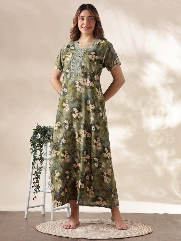 Olive Green Alpine Embroidered Nighty for Women