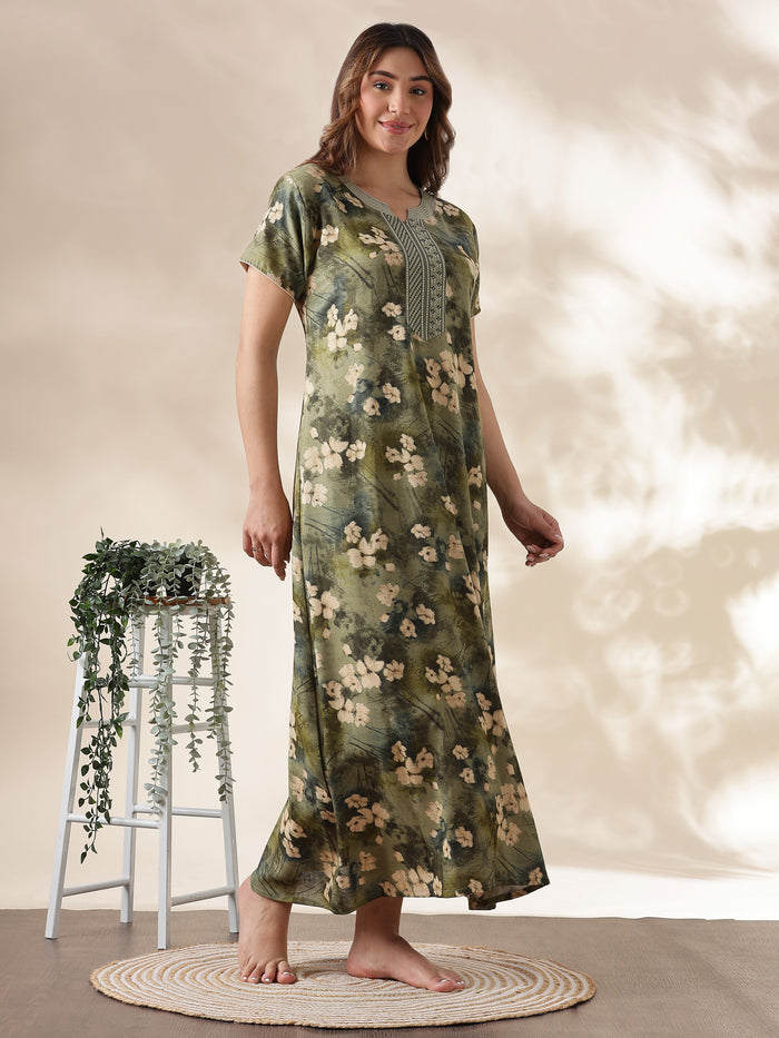 Olive Green Alpine Embroidered Nighty for Women