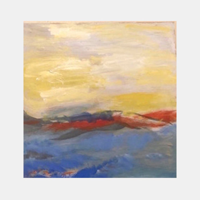 The artwork 'Orange Horizon' by Beth Barry features an abstract landscape with sweeping brushstrokes depicting a golden-yellow sky meeting deep blue waters. Rich orange-red mountains create a dramatic middle ground, while textured layers of paint blend seamlessly across the canvas. The 12x12 inch painting showcases an impressionistic style with vibrant color transitions.