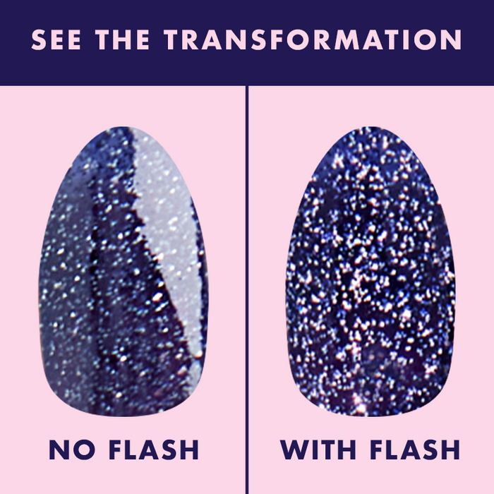 Out Past Curfew Gel swatch showing deep blue-black flash glitter gel polish without and with flash for sparkling mani