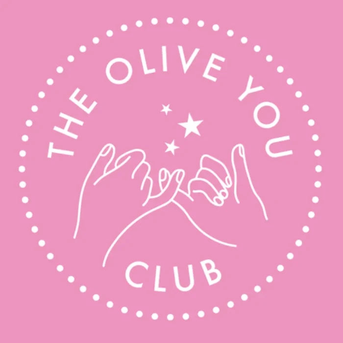 Round pink logo for OYC Membership featuring two hands linking pinkies with stars and dotted border design