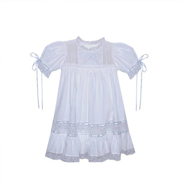 P & R White Hazel Dress w/Blue Ribbon Embroidery