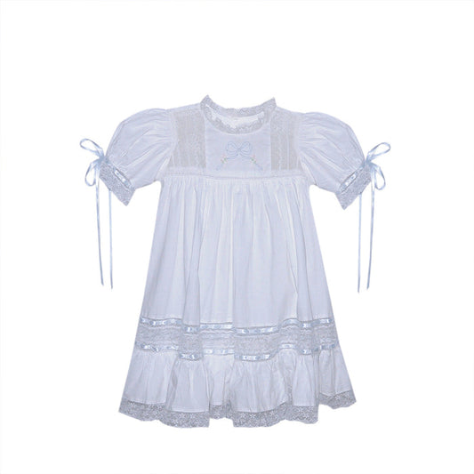 P & R White Hazel Dress w/Blue Ribbon Embroidery