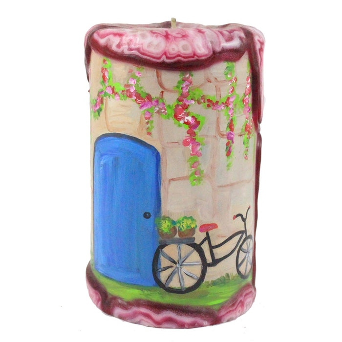Painted Pillar Candle - Blue Door With Bike - Candlestock.com