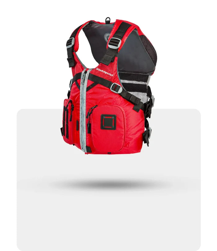 Stohlquist red kayaking life jacket with pockets and adjustable straps, product side view