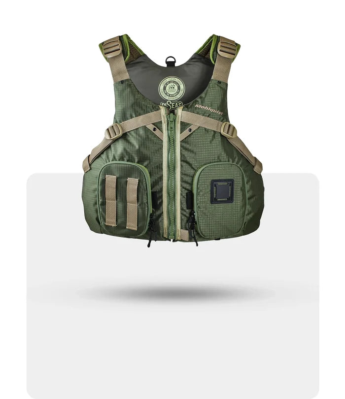 Stohlquist green kayaking life jacket with pockets and adjustable straps, front view
