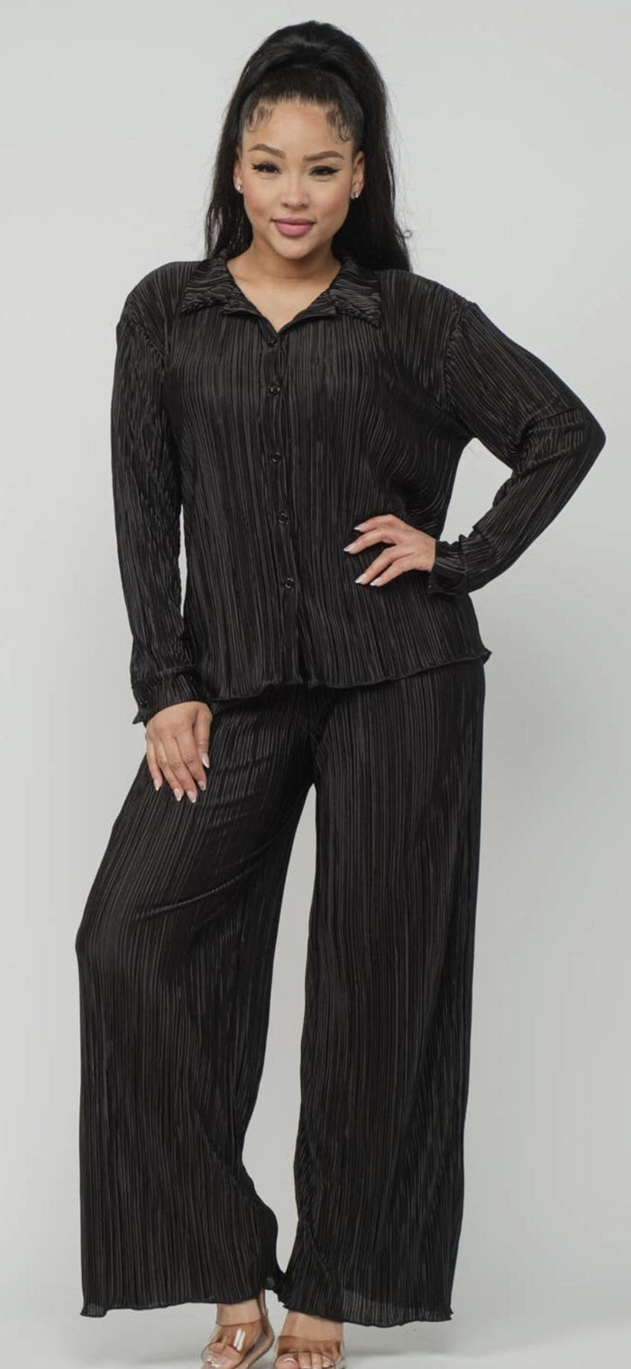 Pleated Front Button Down Top and Pants Set