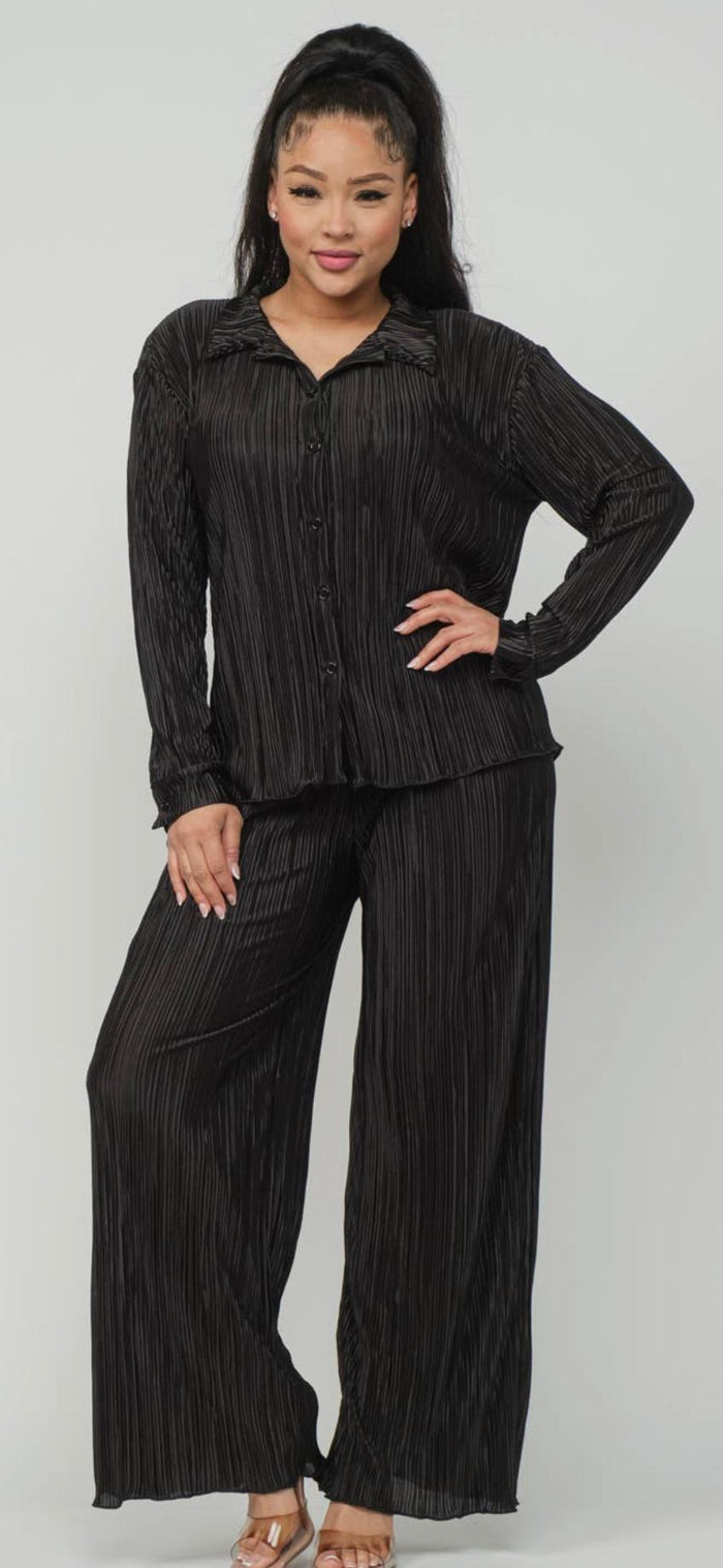 Pleated Front Button Down Top and Pants Set