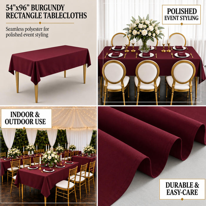 Burgundy polyester rectangle tablecloth for elegant dining and events.