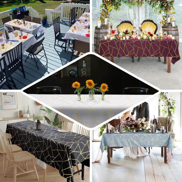 Assorted tablecloths with geometric patterns in various colors and settings.