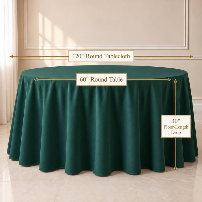 A hunter green round tablecloth draped over a 60-inch round table in a bright room, with measurement callouts indicating a 120-inch round tablecloth, 60-inch round table, and 30-inch floor-length drop.