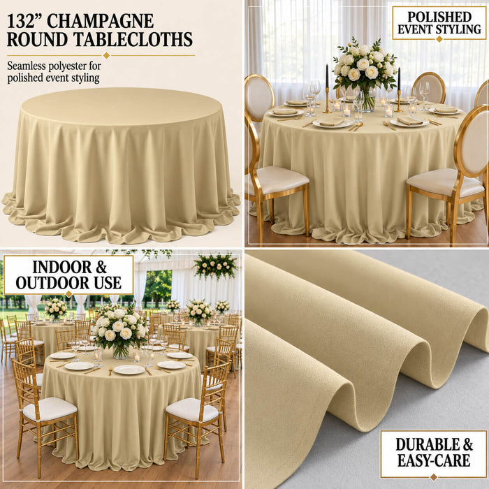 Champagne seamless polyester round tablecloth for elegant events.