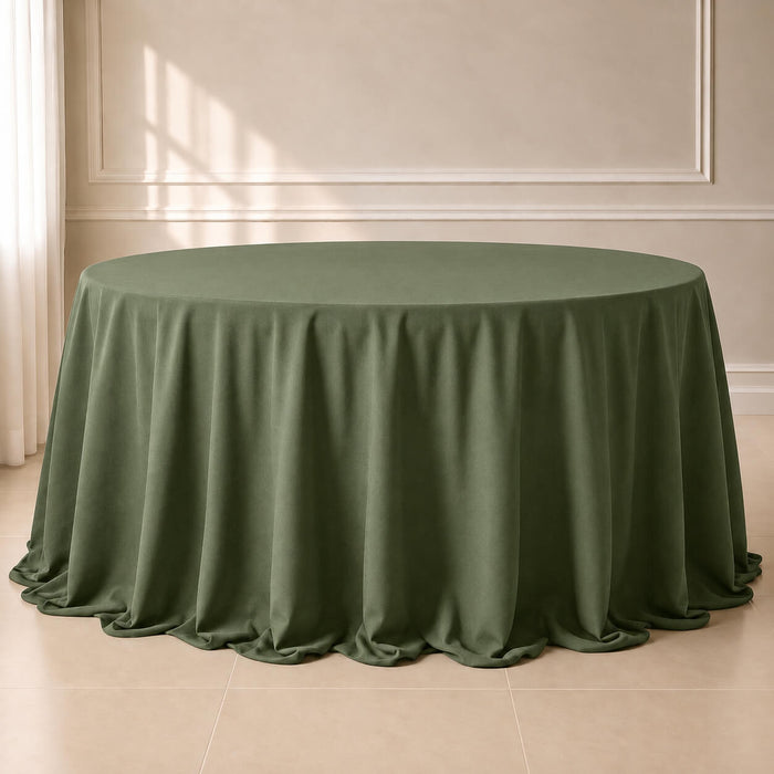 Olive green seamless round tablecloth, 132 inches in diameter.