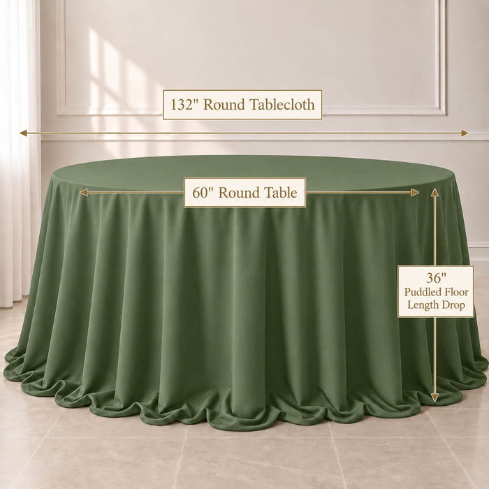 Olive green 132" round tablecloth with seamless finish on a round table.