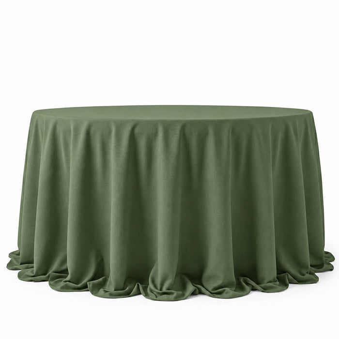 Olive green polyester round tablecloth with seamless finish.