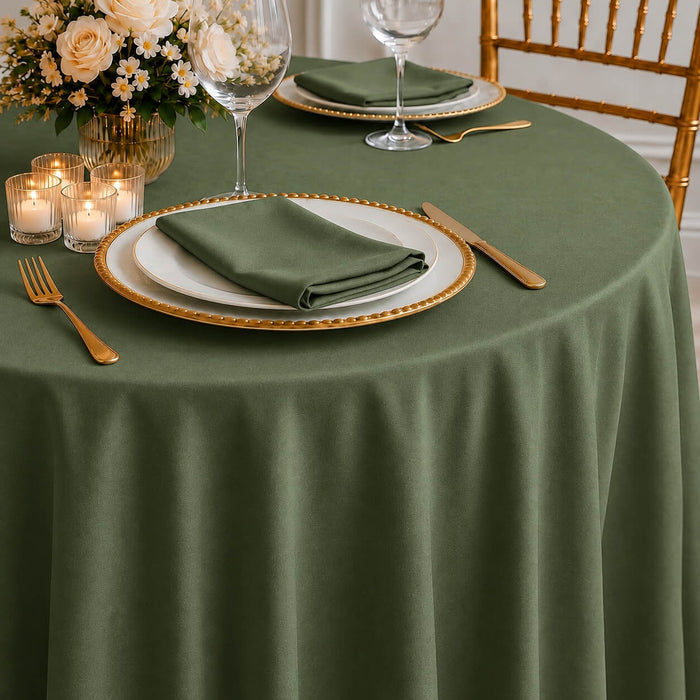 Olive green seamless round tablecloth on a beautifully set dining table.