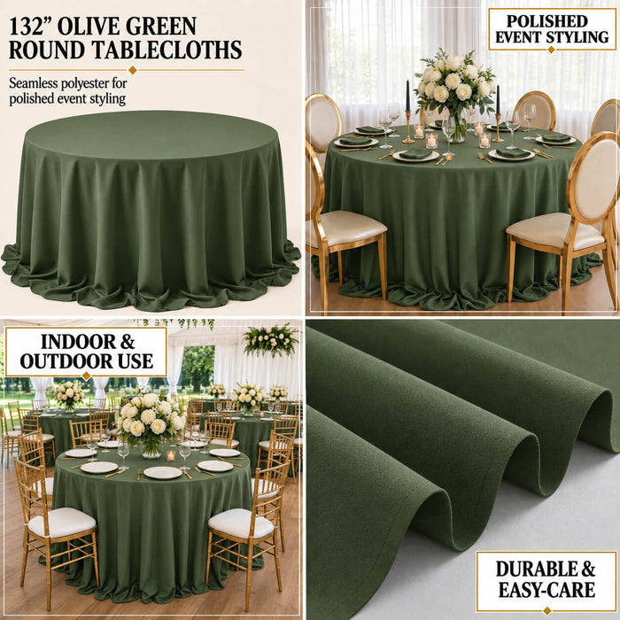 Olive green seamless round tablecloth for elegant dining settings.