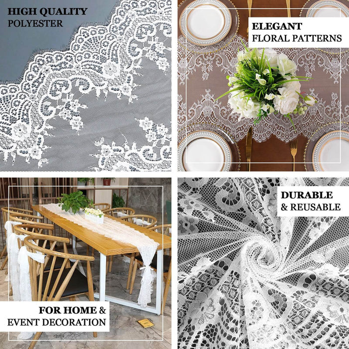 Elegant lace tablecloth with floral patterns for home and event decoration.