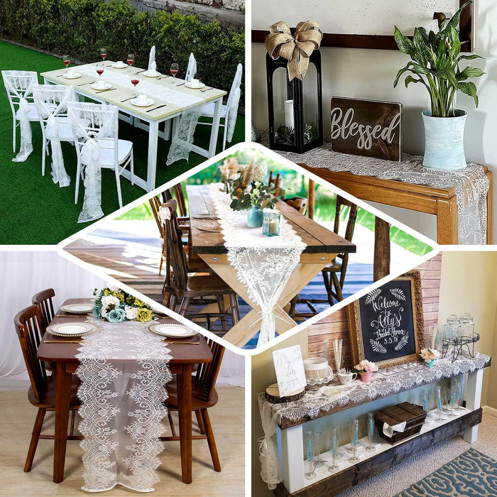 Lace table runners in various dining settings for elegant table decor.