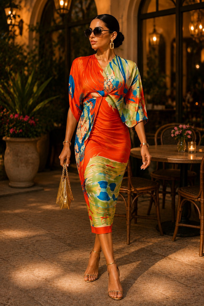 Printed Midi Dress (Orange)