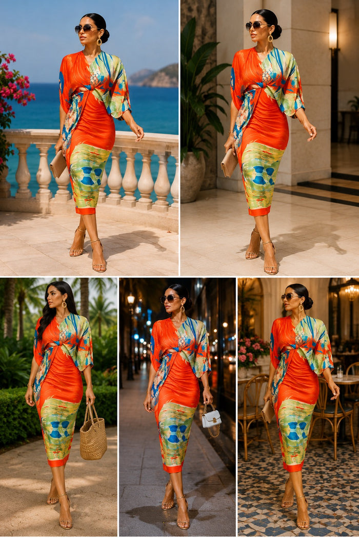 Printed Midi Dress (Orange)