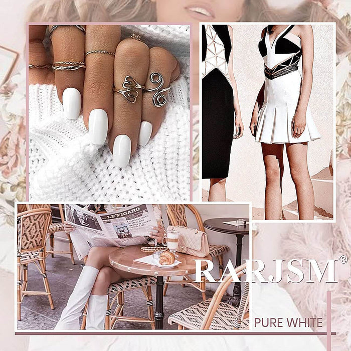 Pure white manicure lifestyle collage - short square nails with silver rings, white boots fashion, cafe scene elegant look