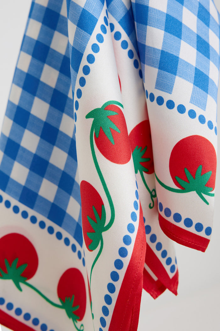 Comina Scarf in 100% Silk With Square Shape in Gingham Tomatoes Colorway - Close-Up View Featured