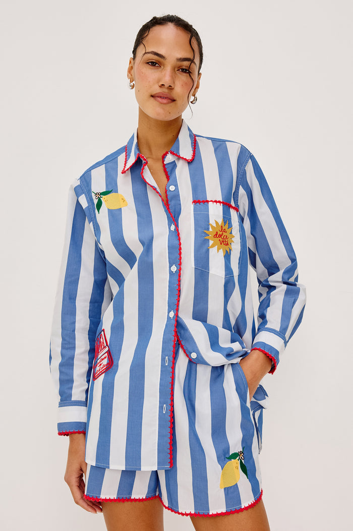 Elsa Button-Up Shirt in Cotton Poplin With Relaxed Oversized Fit, Classic, Chest Pocket, Long Sleeves, and Curved Hem in Dolce Vita Embroidery Colorway - Full Body Front View Featured on Model