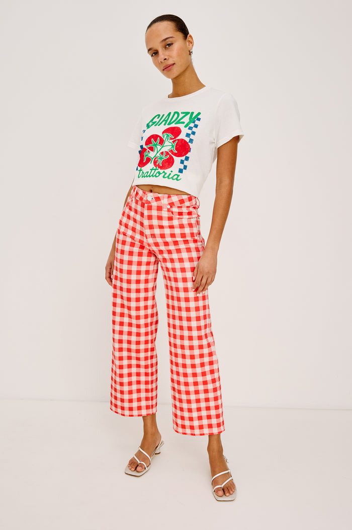 Getty Crop Wide Straight Leg Jean in High Stretch Cotton Denim With High Pinched Waist, 27″ Inseam, Zip Fly, and 5-Pockets in Tomato Gingham Colorway - Full Body Front View Featured on Model