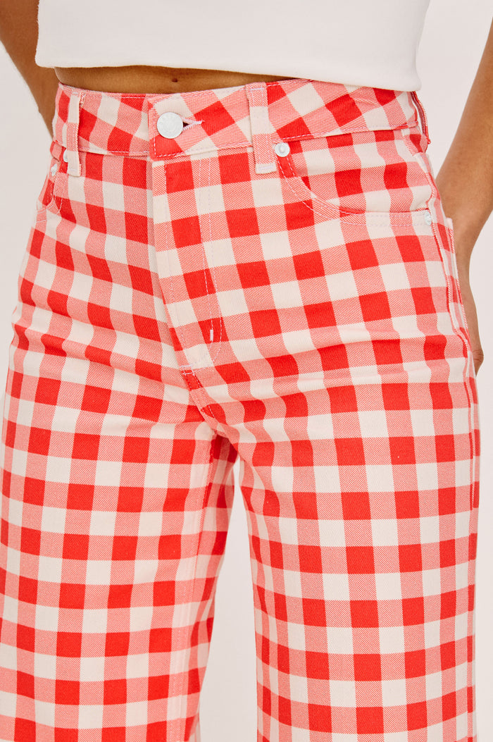 Getty Crop Wide Straight Leg Jean in High Stretch Cotton Denim With High Pinched Waist, 27″ Inseam, Zip Fly, and 5-Pockets in Tomato Gingham Colorway - Lower Body Front View Featured on Model