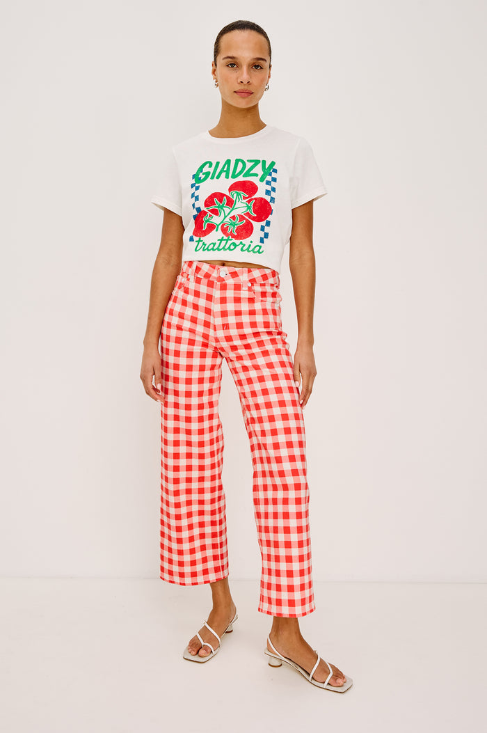 Getty Crop Wide Straight Leg Jean in High Stretch Cotton Denim With High Pinched Waist, 27″ Inseam, Zip Fly, and 5-Pockets in Tomato Gingham Colorway - Full Body Front View Featured on Model