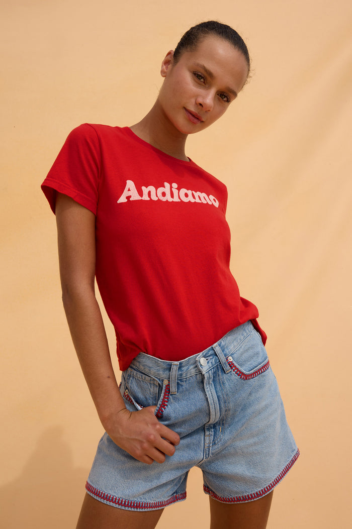 Rancho High-Waisted Short in Cotton Blend With 5-Pockets, A-Line Fit, Front Zip, and Contrast Blanket Stitch Detailing in Ciao Indigo Colorway - Full Body Front View Featured on Model