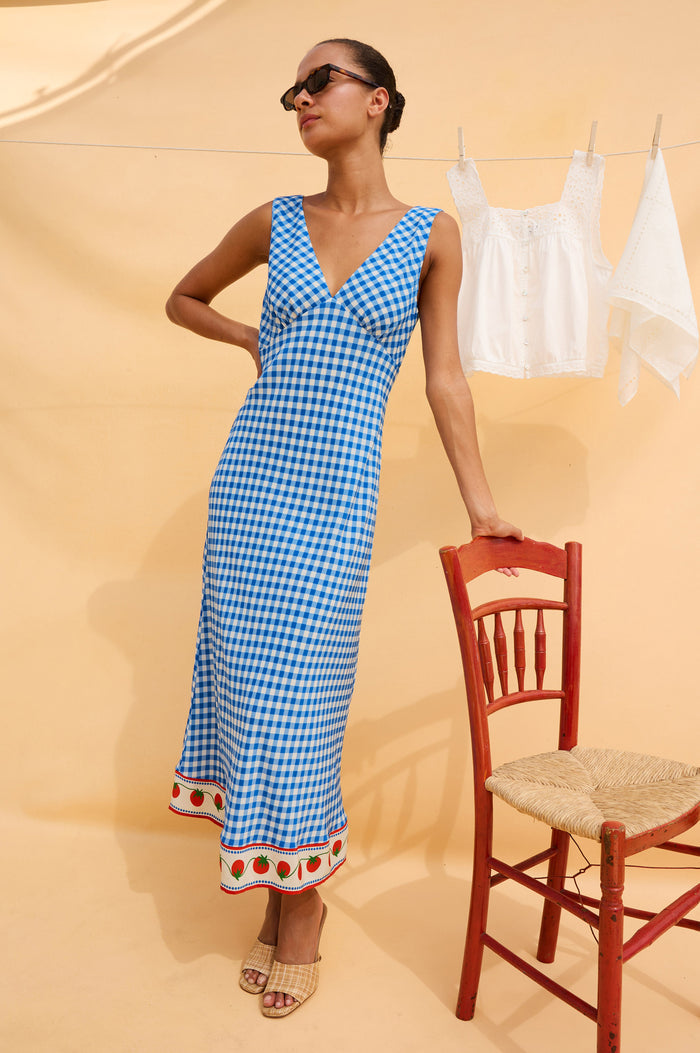 Serafina Midi Dress With V-Neckline and Bias Cut in Gingham Tomatoes Colorway - Full Body Front View Featured on Model