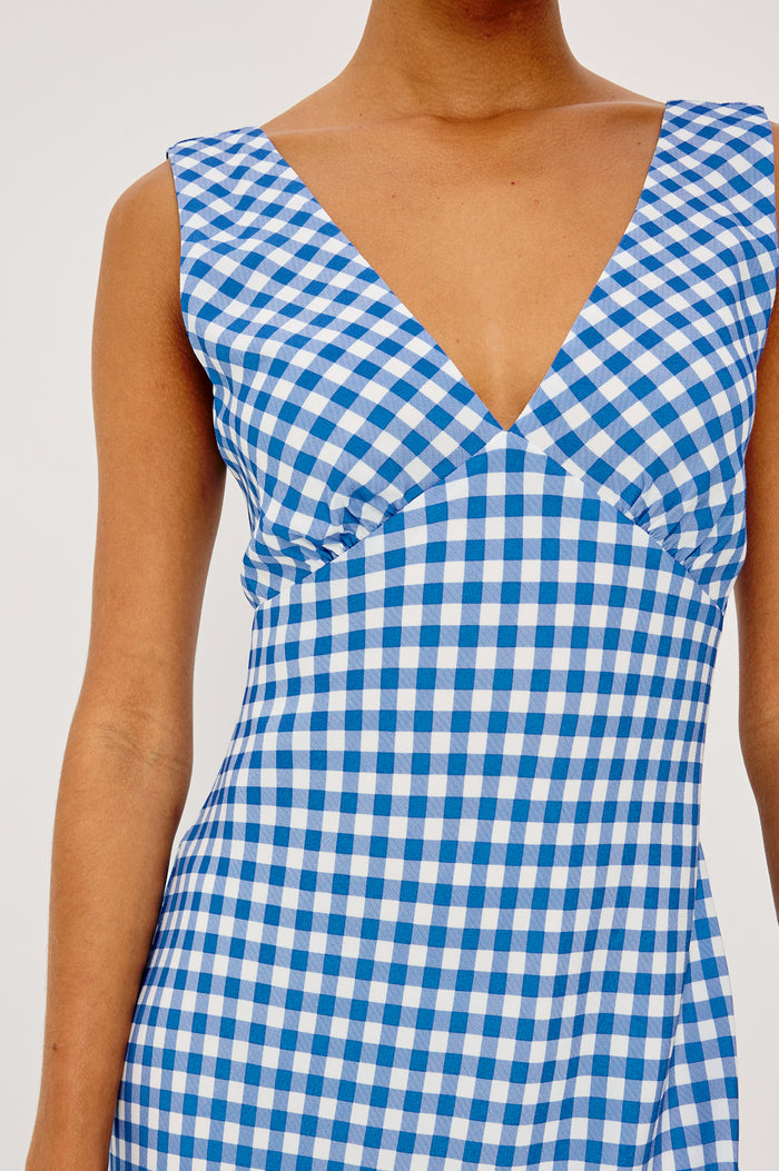 Serafina Midi Dress With V-Neckline and Bias Cut in Gingham Tomatoes Colorway - Upper Body Front View Featured on Model