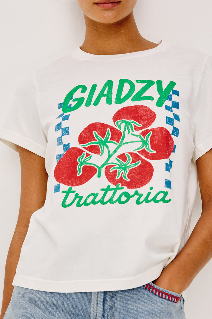 Classic Crew Neck T-Shirt in Pima Cotton With Relaxed Fit and Short Sleeves in Trattoria Colorway - Upper Body Front View Featured on Model