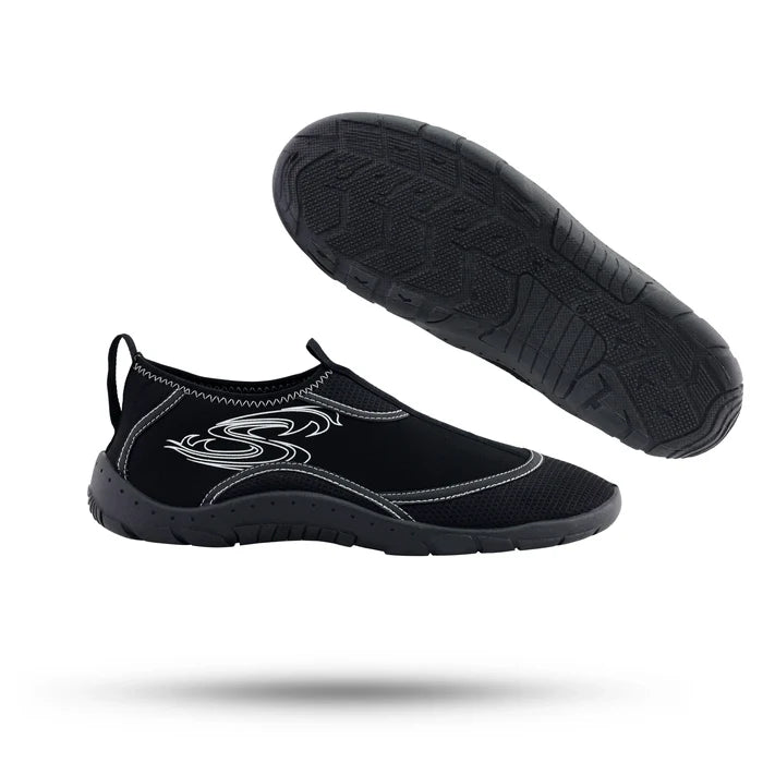 Black water shoes with non-slip rubber soles for kayaking and paddling.