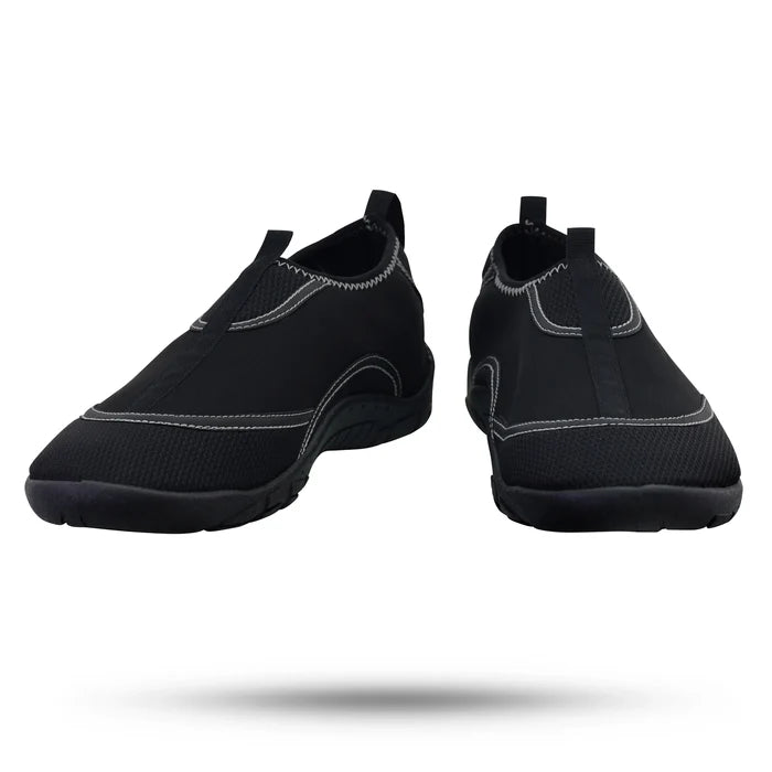 Black water shoes with white stitching for kayaking and paddling activities.