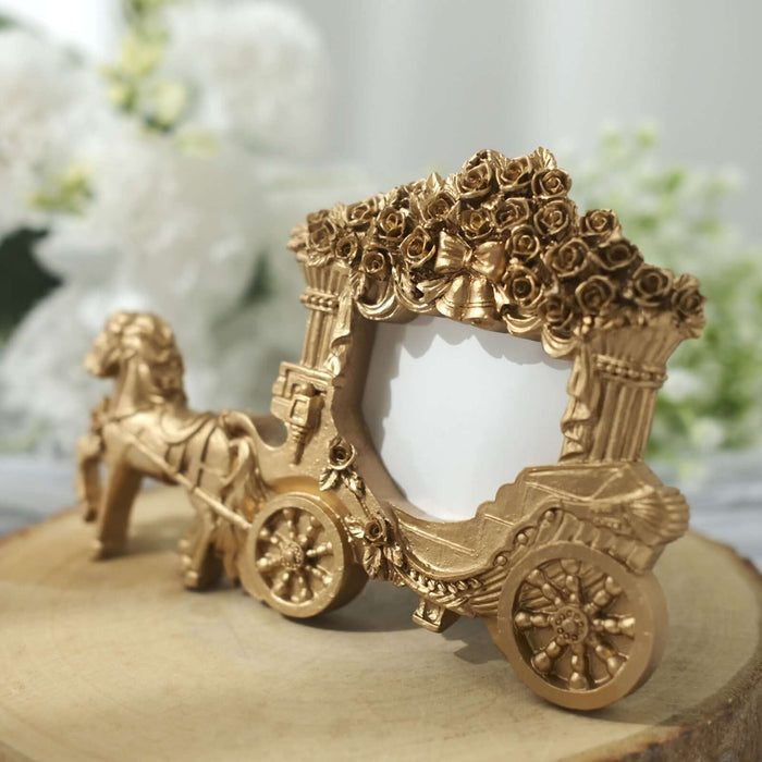 Golden horse-drawn carriage photo frame with floral decoration.