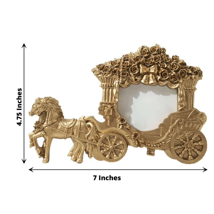 Golden carriage photo frame with decorative roses, 7 inches wide and 4.75 inches tall.