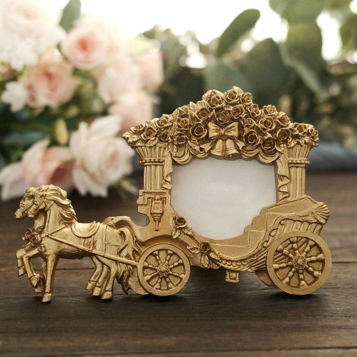 Gold carriage photo frame with floral details and horse accents.