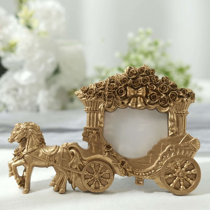 Gold horse-drawn carriage photo frame with floral details.