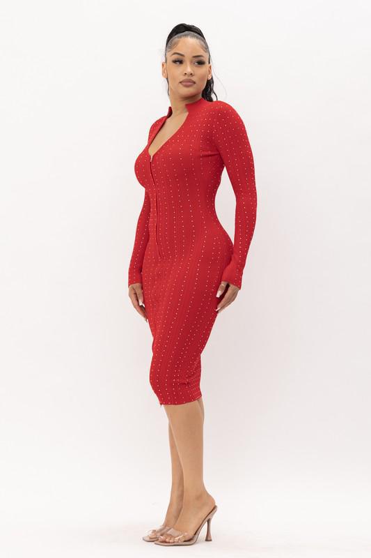 Rhinestone Zip Up Midi Dress