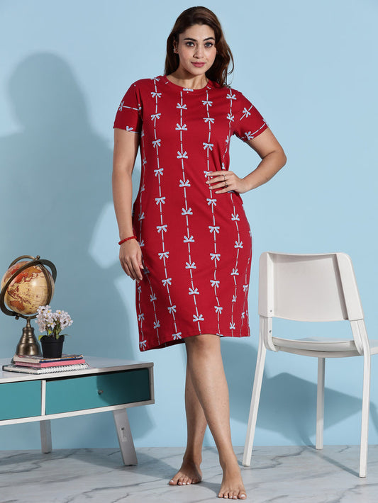 Premium Ribbon Red Cotton Short Nighty for Ladies