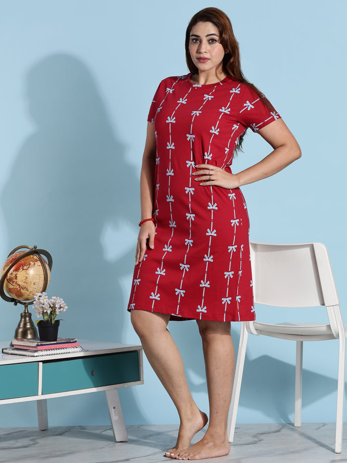 Premium Ribbon Red Cotton Short Nighty for Ladies