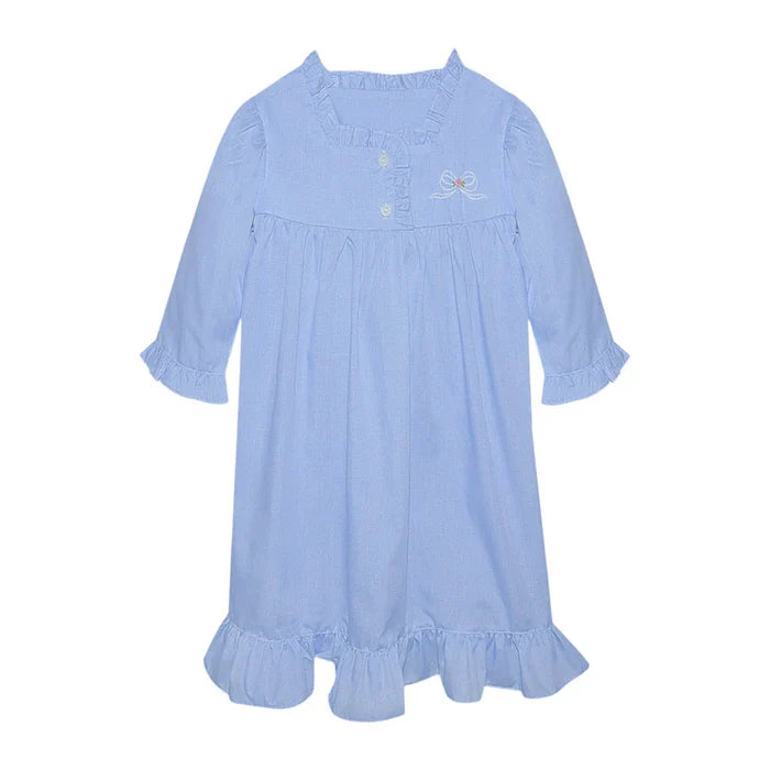 RN Harper Blue Microcheck Nightgown-Bows